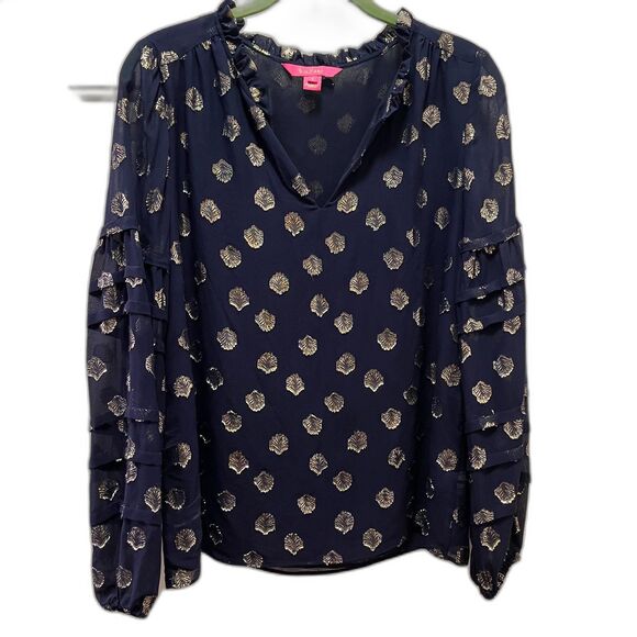 Lilly Pulitzer Giana True Navy Silk Blouse Gold Metallic Shell Design Small EUC - Picture 1 of 9